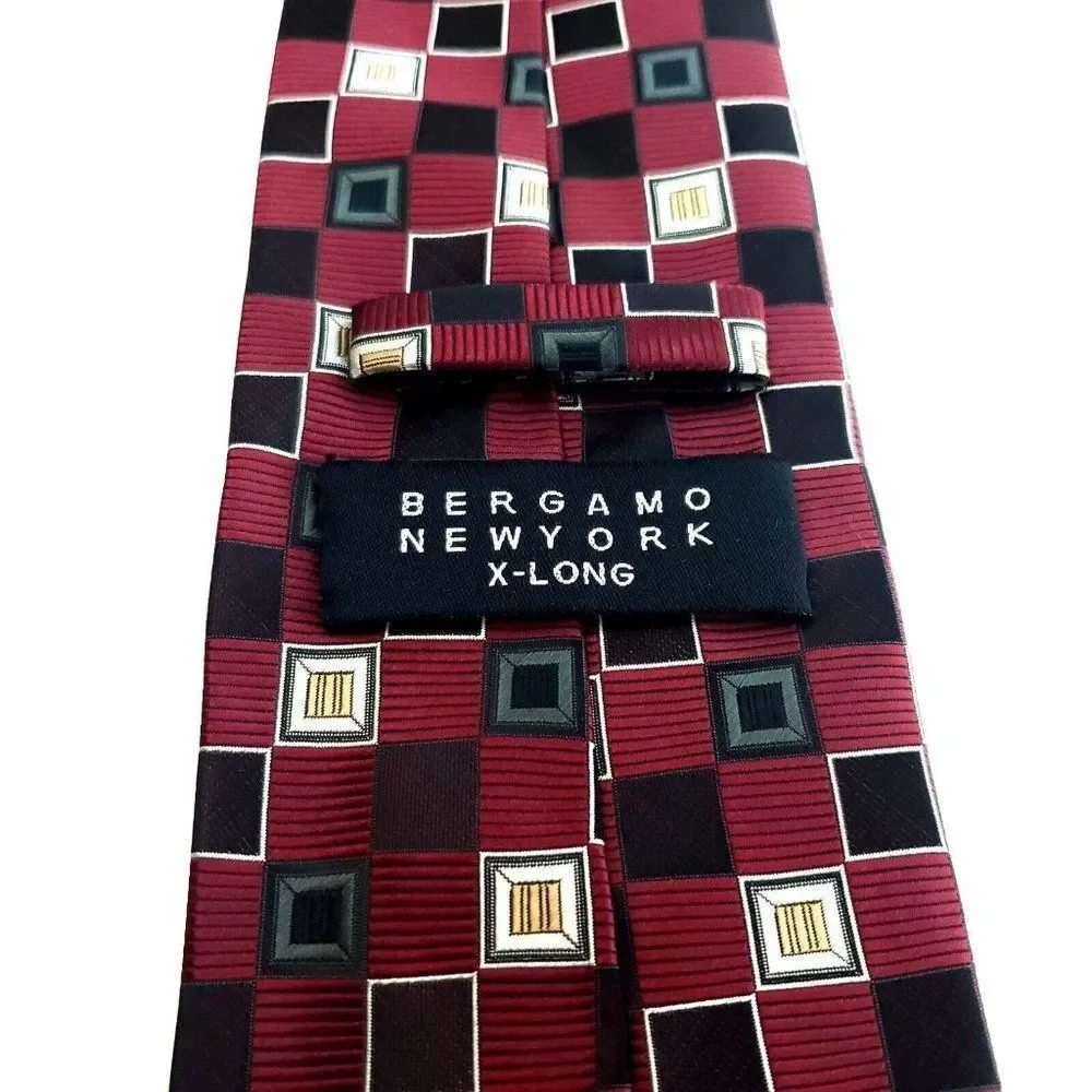 Bergamo New‎ York Red Black Tan Geometric Woven Polyester Long Tie